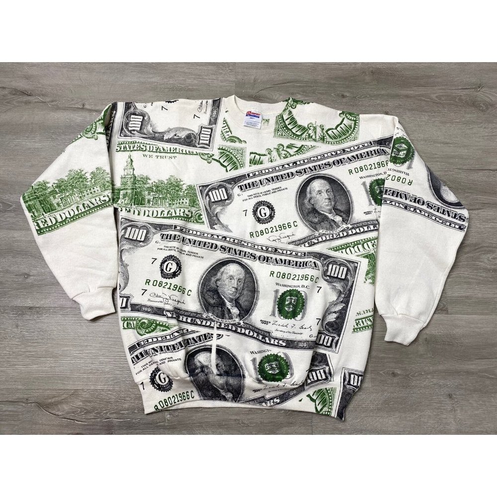 VTG Benjamin Franklin 100 Dollar Bill All over Print Money Sweatshirt Sz L Rare!